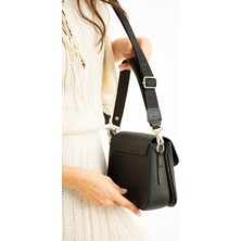 Just Polo Siyah Baskı Desenli Kolon Askılı 4 Bölmeli Kadın Omuz Çantası ve Cüzdan Kombini 25X15CM MDS2184