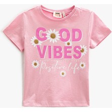 Koton Kısa Kollu Tişört Papatya Baskılı Bisiklet Yaka Simli