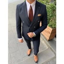 GlbFC Plus Erkek Dar Kesim Silimfit Kruvaze Takım Elbise-Siyah