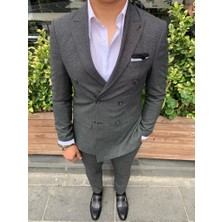 GlbFC Plus Erkek Dar Kesim Slimfit Metal Düğme Kruvaze Takım Elbise-Füme