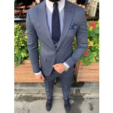 GlbFC Plus Erkek Dar Kesim Kendinden Desenli Yelekli Takım Elbise - Lacivert