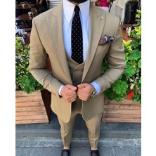 GlbFC Plus Erkek Dar Kesim Yelekli Takım Elbise - Camel