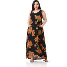 Disentis Modest Büyük Beden Kalın Askılı Torba Cepli Turuncu Çiçekli Uzun Viskon Elbise