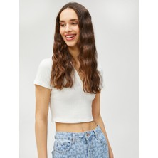 Koton Crop Tişört Polo Yaka Kısa Kollu Dokulu