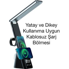 Coofbe 7in1 15W Kablosuz Şarjlı Katlanabilir Masa Lambası, 3 Modlu Işık, Saatli,alarmlı Masa Lambası