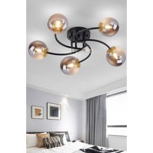 Lambadar Luxury Model Plafonyer Beşli Siyah Modern Füme Camlı Avize