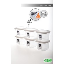 Aes Home Kırılmaz Kare Erzak Saklama Kabı Beyaz 0,5 lt x 6 Adet (6'lı Kaşık Seti ve Etiket)