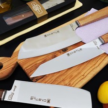 Castle Kitchen Elite Serisi 3'lü Mutfak Bıçak Seti Şef Bıçağı Et Ekmek Sebze Bıçağı (Kiritsuke-Santakubig-Nakiri)