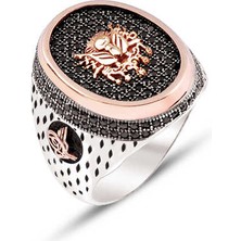 Amberkan Gümüş Zirkon Taşlı Üstü Osmanlı Devlet Armalı ve Kenarları Osmanlı Tuğralı Işlemeli Yüzük