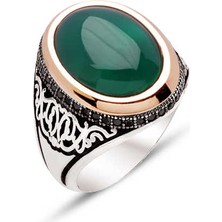 Amberkan Gümüş Yeşil Akik Kapşon Taşlı Yanları Siyah Zirkon Taşlı Erkek Yüzük