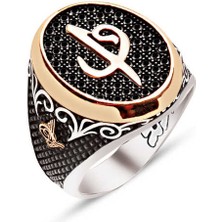 Amberkan Gümüş Siyah Zirkon Üzeri Elif Vav Temalı Yanları Tuğra İşlemeli Erkek Yüzük