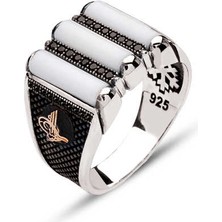 Amberkan Gümüş Üç Parça Beyaz Oniks Taşlı Kenarları Tuğralı Yüzük