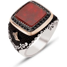 Amberkan Gümüş Üstü Akik Taşlı Kenarları Oniks Taş İşlemeli ve Yanları Osmanlı Tuğralı Motifli Yüzük