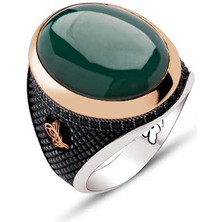 Amberkan Gümüş Üstü Yeşil Akik Kapşon Taşlı ve Kenarları Osmanlı Tuğralı İşlemeli Yüzük