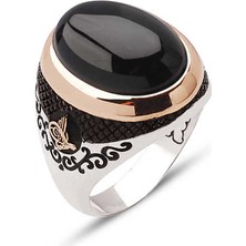 Amberkan Gümüş Yuvarlak Kesim Oniks Taşlı Yanları Tuğralı Yüzük