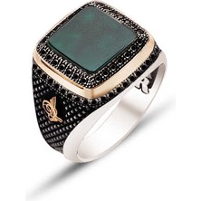 Amberkan Gümüş Yeşil Akik Taşlı Yanları Siyah Zirkon Süslemeli Erkek Yüzük