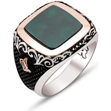 Amberkan Gümüş Yeşil Akik Taşlı Yanları Tuğralı Yüzük