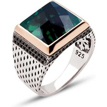 Amberkan Gümüş Yeşil Faset Taşlı Yanları Zirkon Süslemeli Kare Model Yüzük