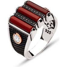 Amberkan Gümüş Üç Parça Akik Taşlı Kenarları Tek Taşlı Yüzük