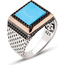 Amberkan Gümüş Turkuaz Taşlı Yanları Siyah Zirkon Süslemeli Kare Model Erkek Yüzük