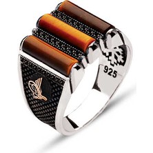 Amberkan Gümüş Üç Parça Kaplan Gözü Taşlı Kenarları Tuğralı Yüzük