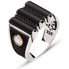 Amberkan Gümüş Üç Parça Oniks Taşlı Kenarları Tek Taşlı Yüzük