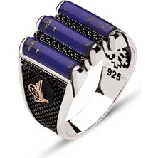 Amberkan Gümüş Üç Parça Sıkma Lapis Taşlı Kenarları Tuğralı Yüzük