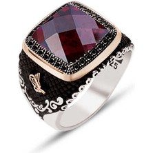 Amberkan Gümüş Üstü Kırmızı Faset Taşlı Kenarları Oniks Taş İşlemeli ve Yanları Osmanlı Tuğralı Motifli Yüzük