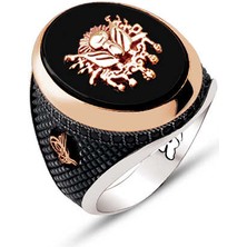 Amberkan Gümüş Üstü Siyah Oniks Taşlı Üstü Osmanlı Devlet Armalı ve Kenarları Osmanlı Tuğralı İşlemeli Yüzük