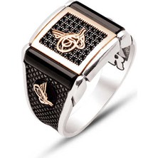 Amberkan Gümüş Siyah Zirkon Üzeri Tuğralı Akik Taş Detaylı Yanları Tuğralı Yüzük