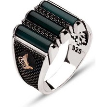 Amberkan Gümüş Üç Parça Yeşil Akik Taşlı Kenarları Tuğralı Yüzük