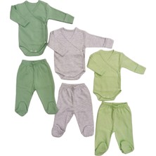 Bebedino Uzun Kollu Kendinden Eldiven Çıtçıtlı Kruvaze Badi ve Patikli Alt ( 3 Takım Küf-Gri-Çağla)