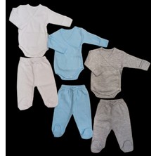Özdemirli Bebe Uzun Kollu Kendinden Eldiven Çıtçıtlı Kruvaze Badi ve Patikli Alt ( 3 Takım Beyaz-Mavi-Gri)