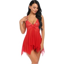  Seksi Kırmızı Tül Dantel Babydoll Gecelik 15507