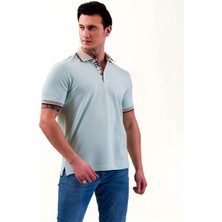 Exve Exclusive Su Yeşili Yaka ve Göğüz Pat Içi Bej Ekose Detaylı Polo Yaka Kısakol Pamuk Slim Fit Tişört