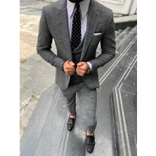 GlbFC Plus Erkek Dar Kesim Kendinden Desenli Yelekli Takım Elbise-Gri