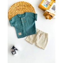 Derin Bebe Neşeli Bebekler Müslin Kumaş Düğmeli Beyaz Şortlu Takım Yeşil