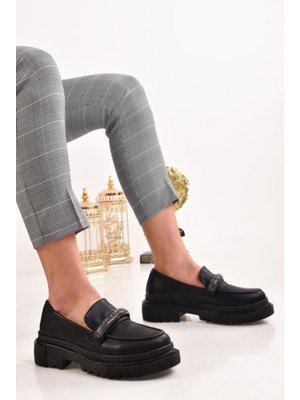 ModaOnn  Kadın Laofer Siyah Cilt Taş Detaylı Günlük Ayakkabı