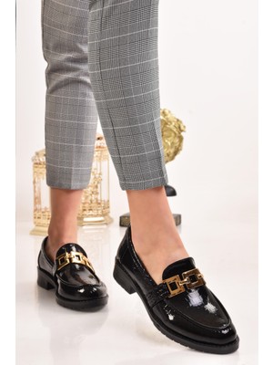 ModaOnn   Kadın Laofer Siyah Zincir Detaylı Günlük Babet Ayakkabı