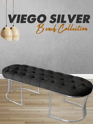 Gazzini Furniture Viego Silver Puf Lüks Metal Gümüş Ayak, Chester Model Yatak Ucu Antrasit Bench