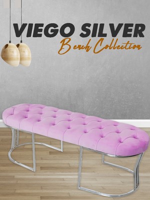 Gazzini Furniture Viego Silver Puf Lüks Metal Gümüş Ayak, Chester Model Yatak Ucu Pembe Bench