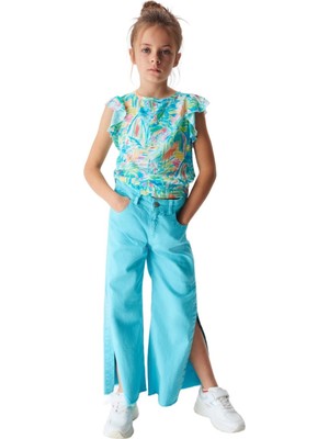 Nk Kids Kız Çocuk Yırtmaçlı Bol Paça Denim Pantolon 54714 Mavi