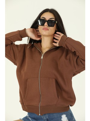 Gülseli Kahve Kadın Kapüşonlu Şardonlu Sweatshirt P-000060