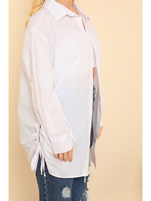 Gülseli Beyaz Kadın Oversize Poplin Kumaş Yanı Büzgülü Uzun Basic Gömlek P-036039