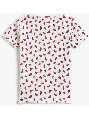 Koton Karpuz Baskılı Tişört Fitilli Kısa Kollu Bisiklet Yaka Pamuklu