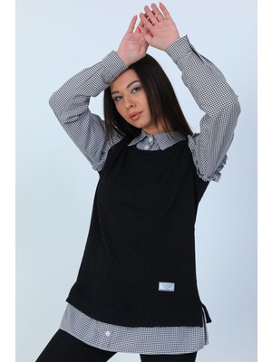 Gülseli Siyah Kadın Pötikare Desenli Süveterli Gömlek P-00001515