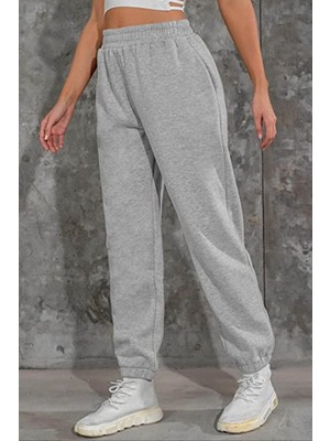 Kadınlar İçin BSBSPOR Gri Yazlık Eşofman Altı Polar Kumaş Yüksek Bel ve Lastikli Paça Tasarımı