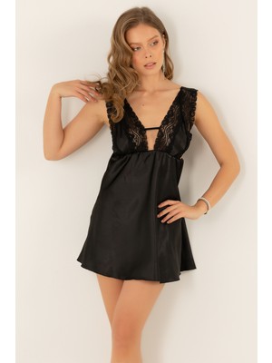 Miorre Kadın Kalın Askılı Dantelli Mini Saten Gecelik %100 Polyester Şık Tasarım