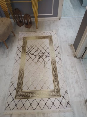 Doruklar Home Collection Kaymaz Tabanlı Yıkanabilir Versace Granit Çerçeve Desenli Dokuma Taban Halı