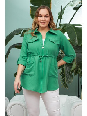 Rmg Bel Bağcık Detaylı Fermuarlı Büyük Beden Yeşil Ceket